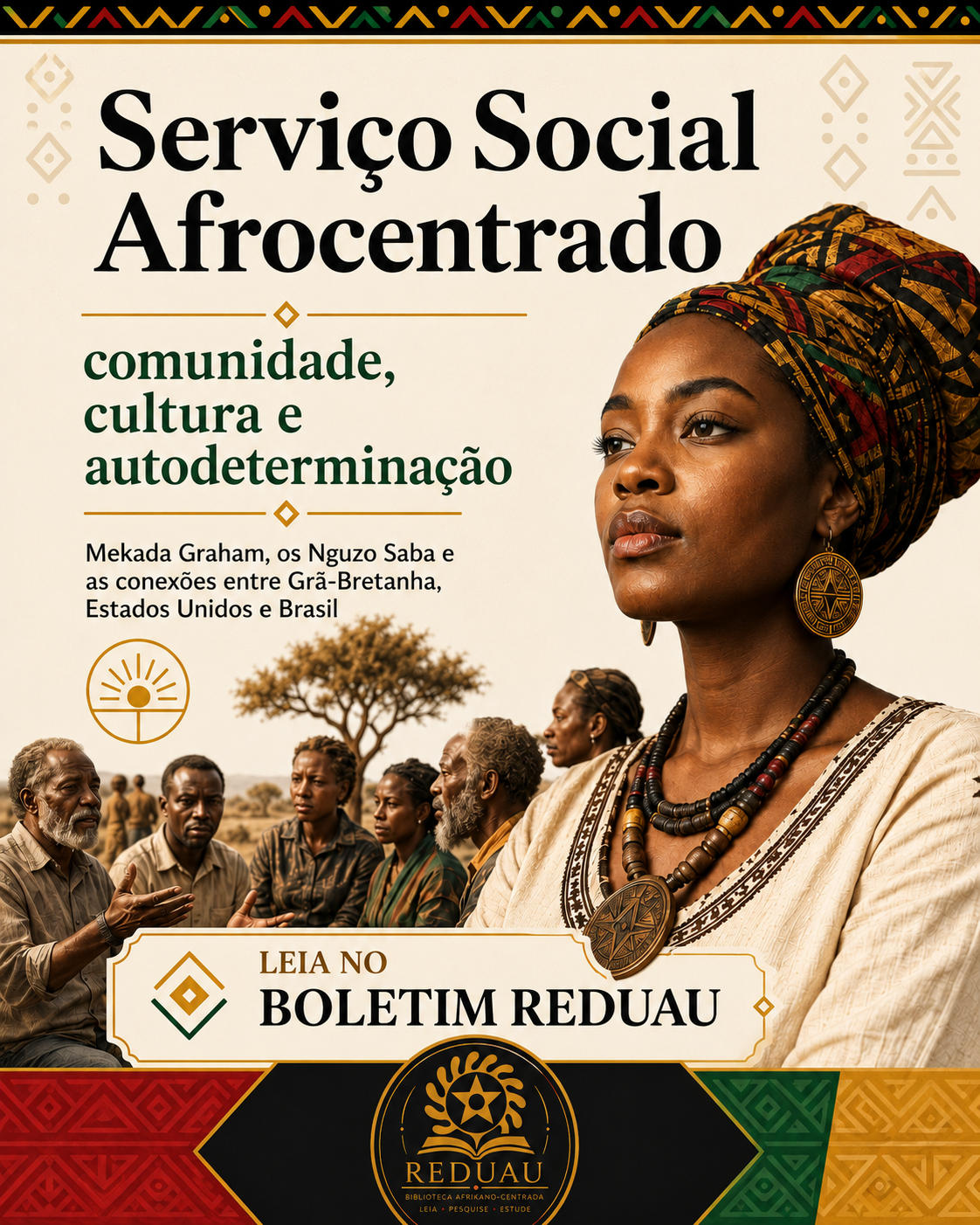 Mulher negra com turbante colorido olhando para o horizonte com fundo de savana e grupo de pessoas conversando. Título: Serviço Social Afrocentrado.